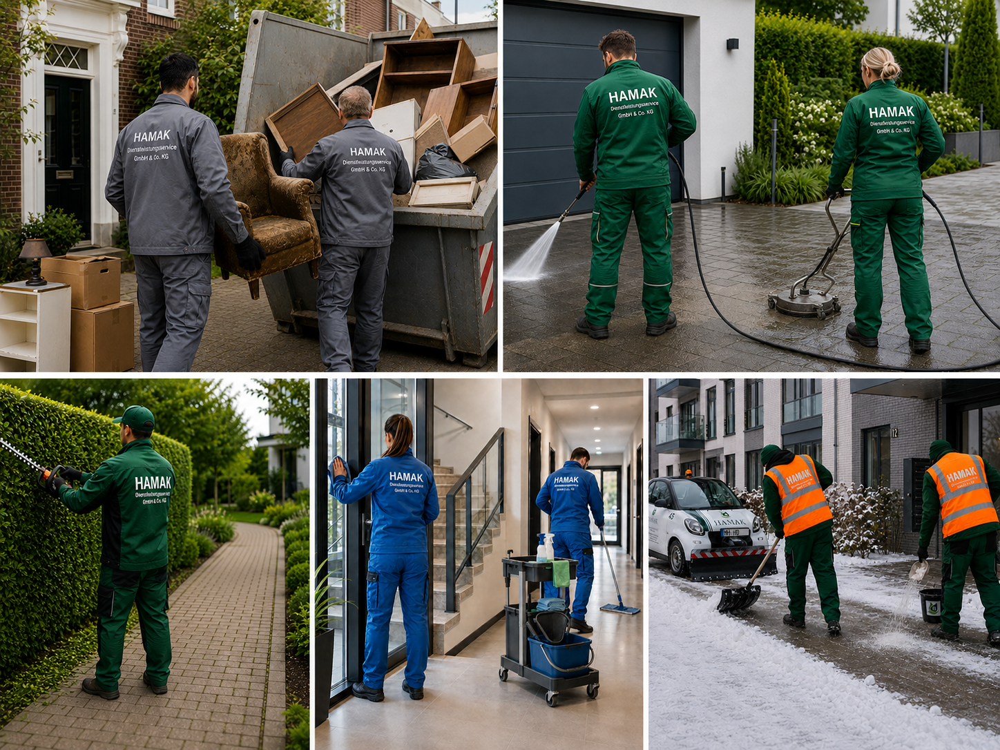 Collage der HAMAK Dienstleistungen mit Winterdienst, Gartenpflege, Reinigungsservice, Flächenreinigung und Entrümpelung in Hamburg.