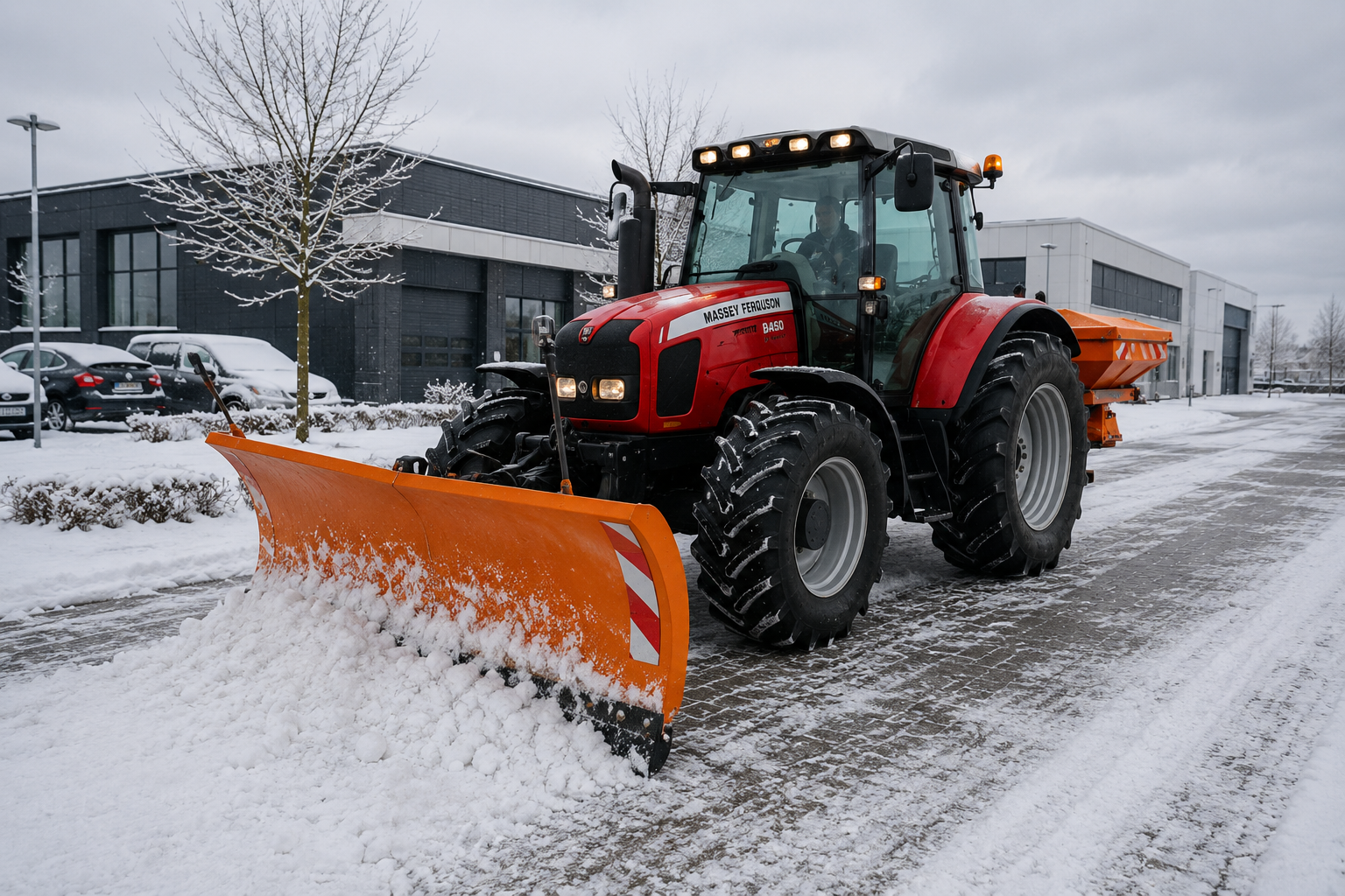 Großer Winterdienst-Traktor mit Schneeschild räumt Schnee auf Gewerbefläche