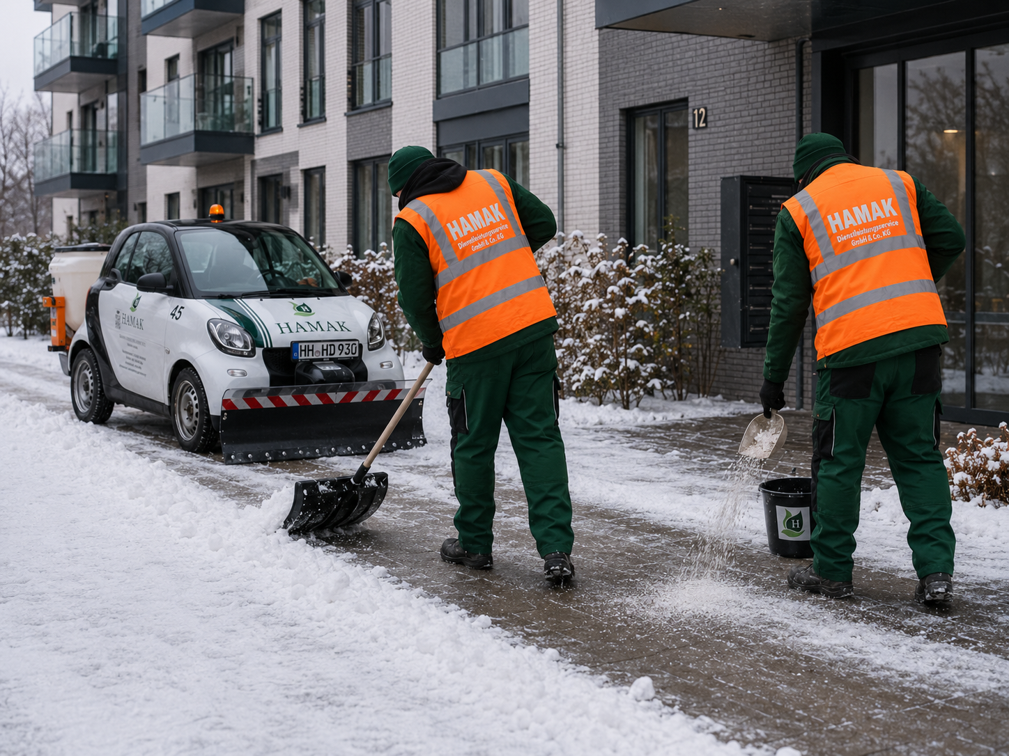 HAMAK Mitarbeiter räumen Schnee und streuen Salz vor einer modernen Wohnanlage