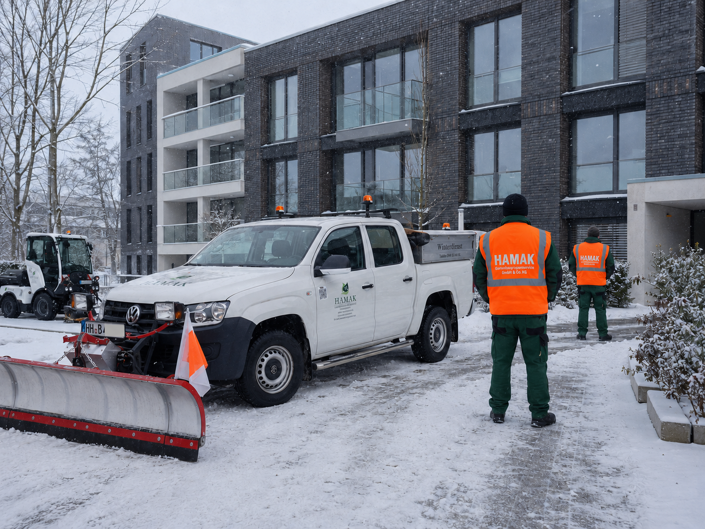 Schneeräumung an einer Wohnanlage in Neumünster durch den HAMAK Winterdienst