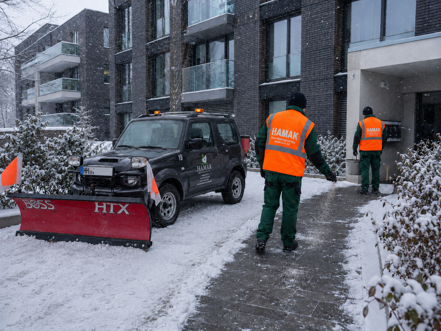 Streudienst auf einem Gehweg in Neumünster bei Schnee und Glätte
