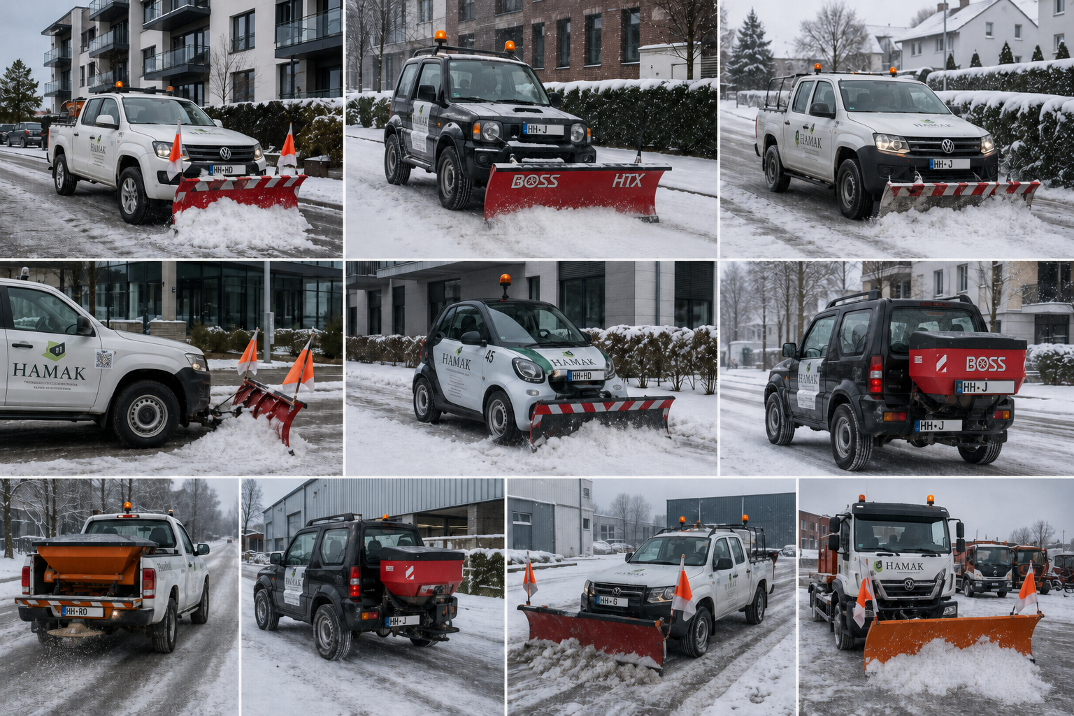 Winterdienst-Fahrzeug streut Streusalz auf geräumter Straße bei Schnee und Glätte