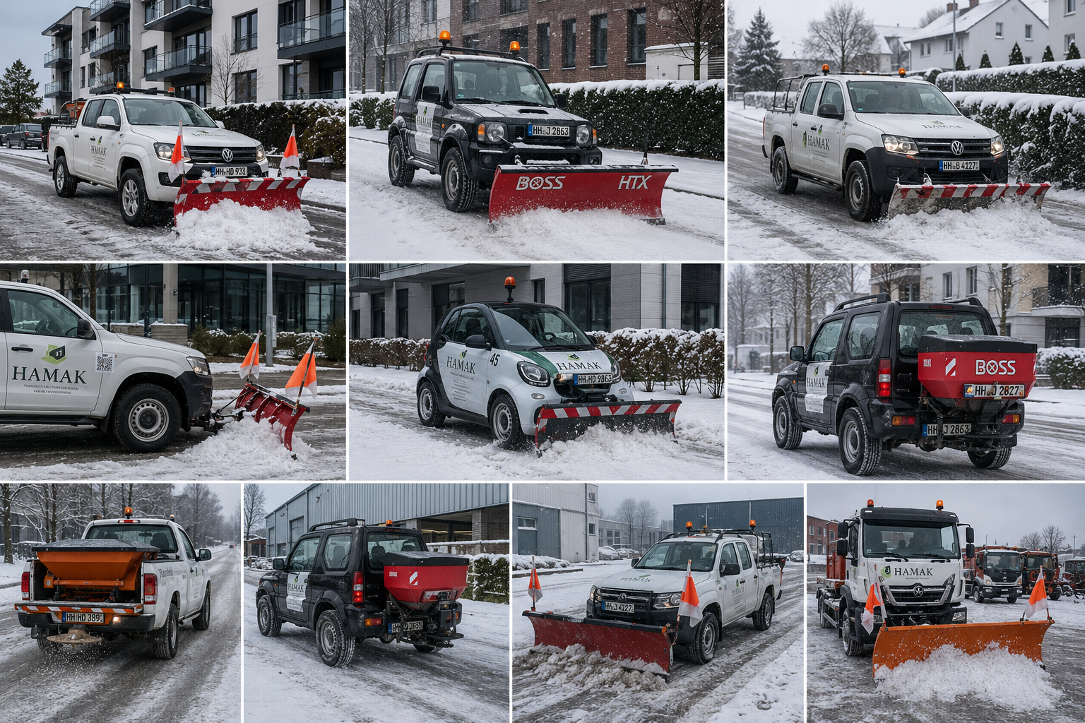 Winterdienst-Fahrzeug streut Streusalz auf geräumter Straße bei Schnee und Glätte