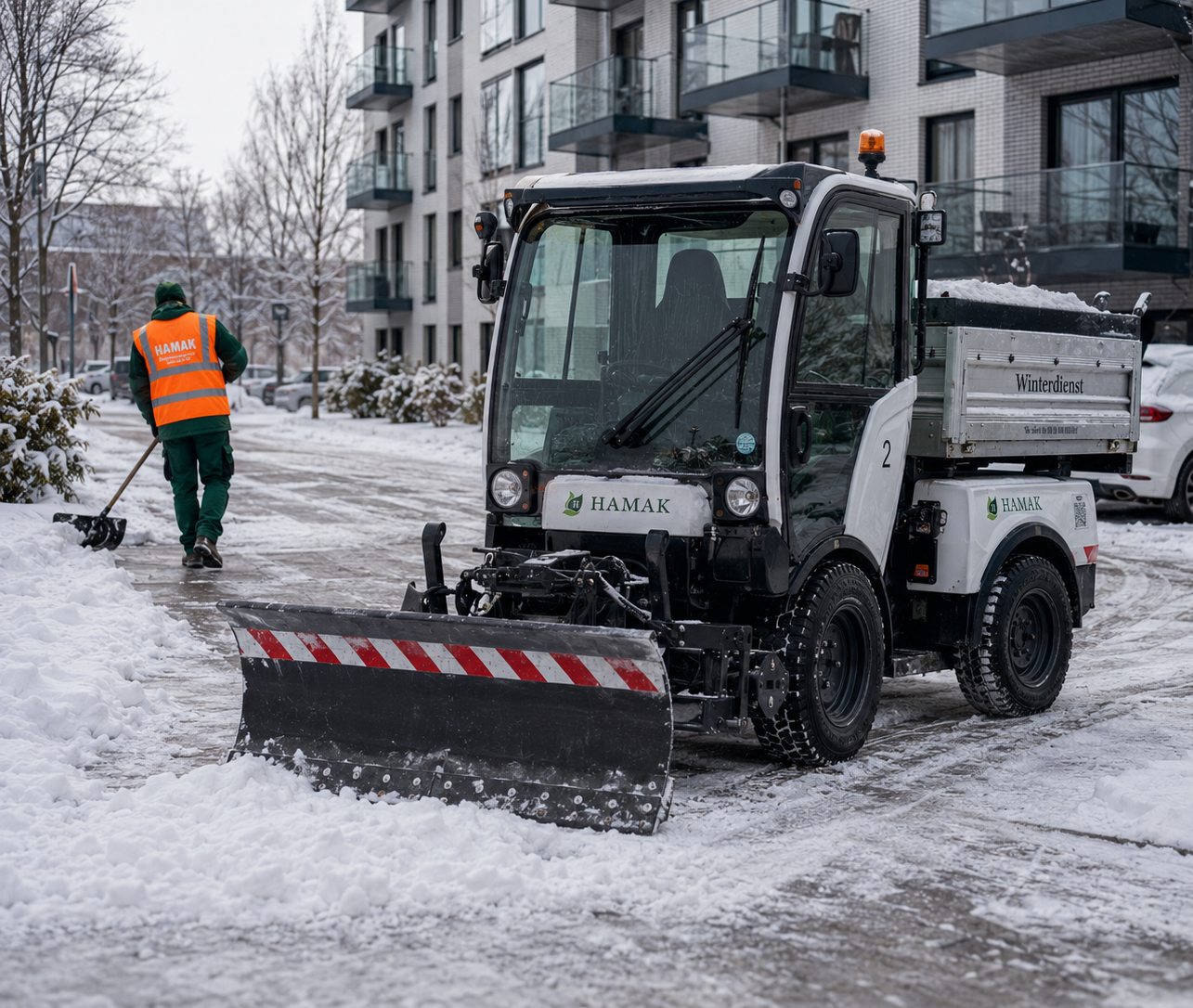 HAMAK Winterdienst-Fahrzeug und Mitarbeiter vor moderner Wohnanlage in Hamburg