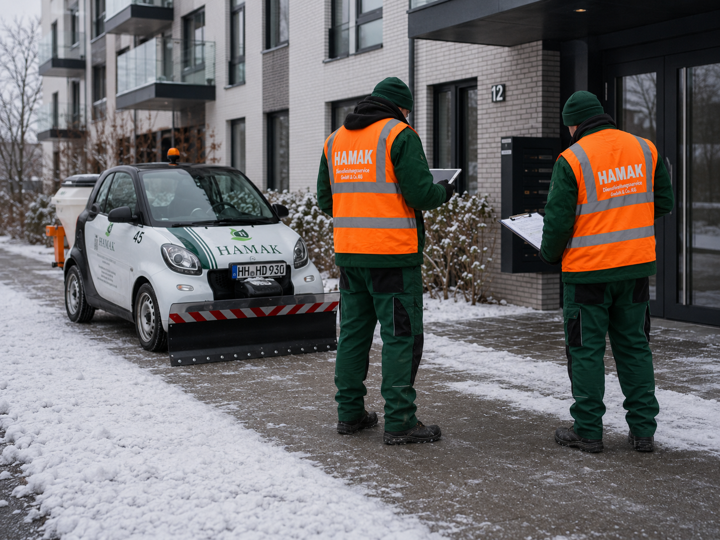 HAMAK Mitarbeiter prüfen Winterdienst-Flächen mit Tablet und Checkliste vor einem Objekt